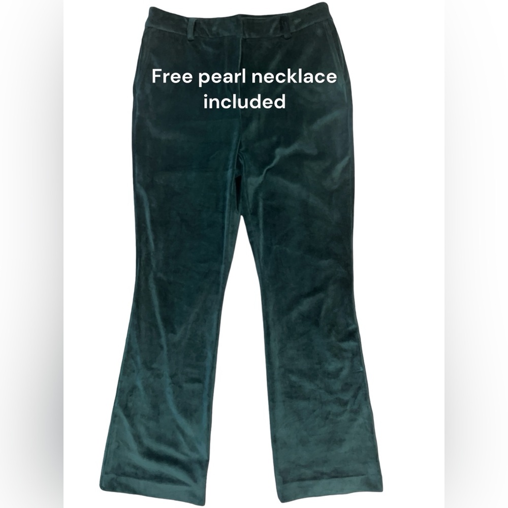 “Maison d’Amelie” velvet emerald green pants w/ rice pearls and glass seed beads